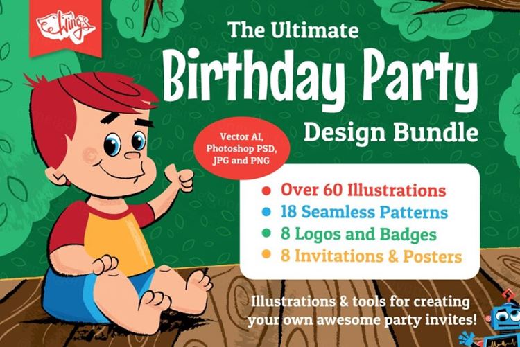 复古彩色风格儿童聚会派对插图 Children’s Party Illustrations