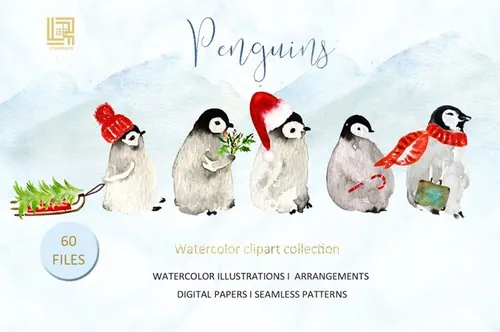 可爱的水彩手绘企鹅插图 Penguins. Watercol