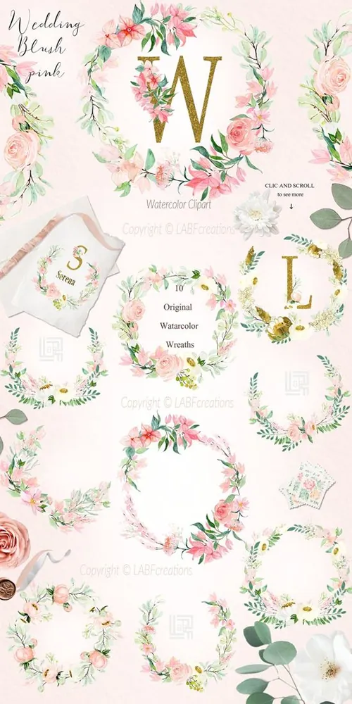 胭脂红水彩花卉元素，花环，花式字母… Blush pink