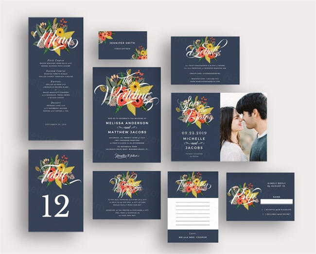 蓝色花卉美丽婚礼模板设计素材 In-Between-the-Blooms-on-Blue