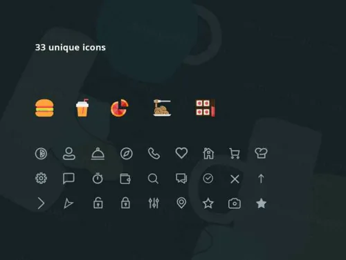 食物递送应用设计工具包模型独特图标 UI Kit Mockup uni