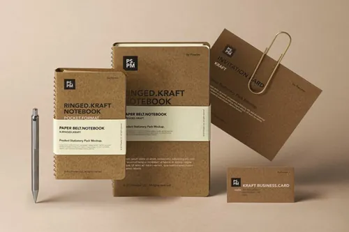 一套精美的psd牛皮纸文具用品样机 Kraft Psd Stationery Mockup Set