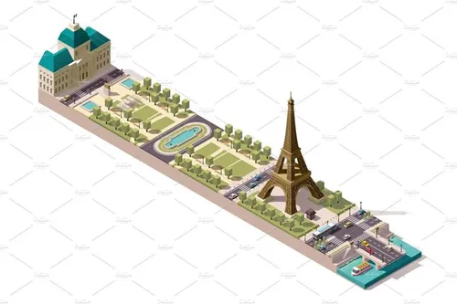 矢量巴黎建筑场景图标Vector isometric map of the Champ de Mars in Paris