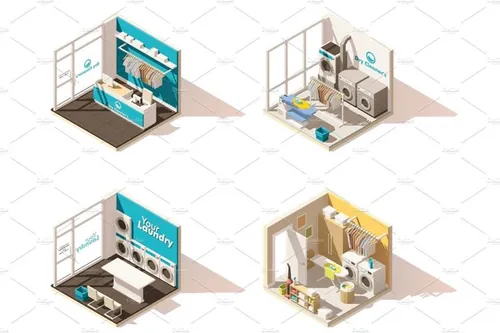 矢量自助洗衣房图标Vector isometric low poly laundry icon set