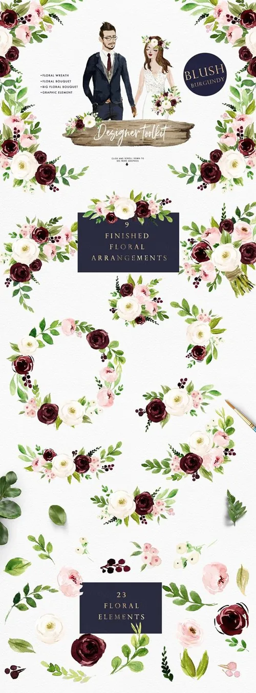 婚礼主题手绘水彩画元素设计师套件 20%off-Waterc