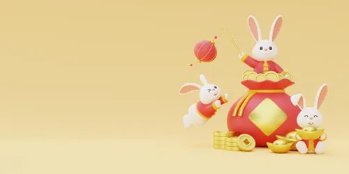 三维渲染2023年兔年卡通生肖玉兔场景3D插画高清背景图片素