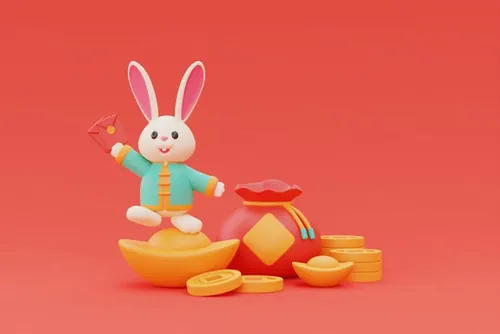 三维渲染2023年兔年卡通生肖玉兔场景3D插画高清背景图片素