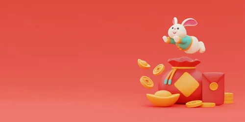 三维渲染2023年兔年卡通生肖玉兔场景3D插画高清背景图片素