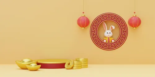 三维渲染2023年兔年卡通生肖玉兔场景3D插画高清背景图片素