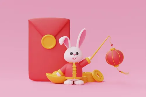 三维渲染2023年兔年卡通生肖玉兔场景3D插画高清背景图片素