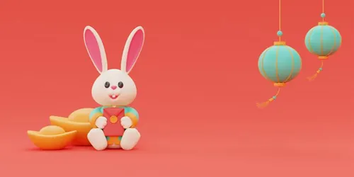 三维渲染2023年兔年卡通生肖玉兔场景3D插画高清背景图片素