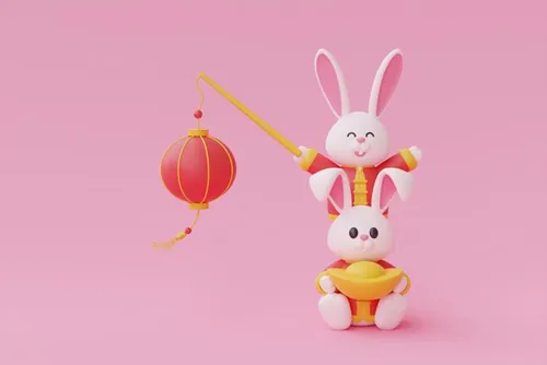 三维渲染2023年兔年卡通生肖玉兔场景3D插画高清背景图片素