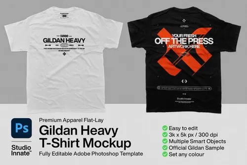 街头潮牌服饰纯棉T恤设计贴图样机PSD模板 5000 Gildan Heavy - T-Shirt Mockup