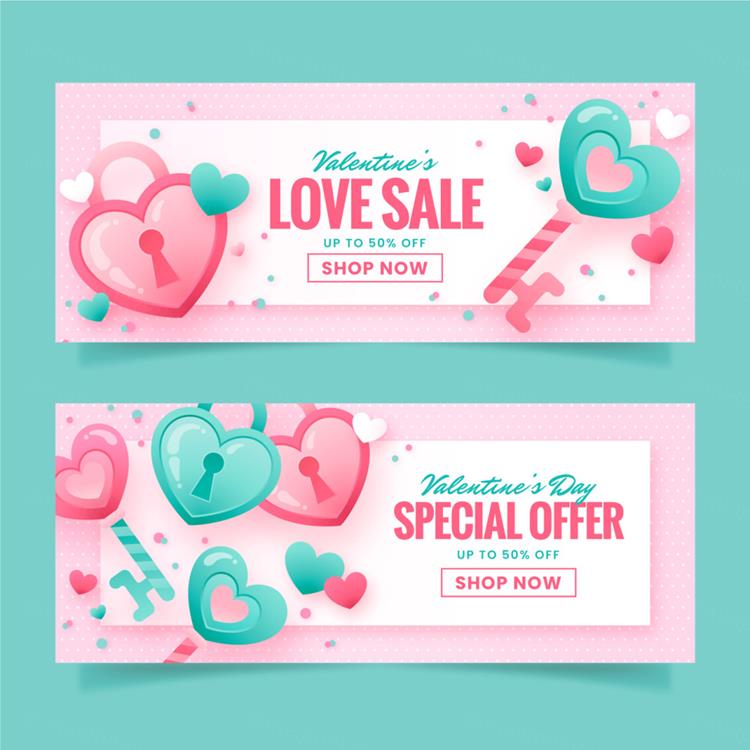 粉色渐变情人节七夕三八妇女节爱情主题宣传单横幅海报EPS矢量