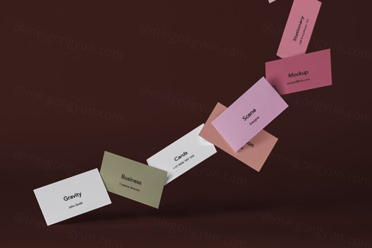 创意名片飘落场景品牌VI设计展示样机PSD模板 Gravity Psd Business Card Mockup Scene