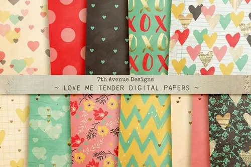 手绘情人节图案复古纹理背景Love Me Tender Digital Papers