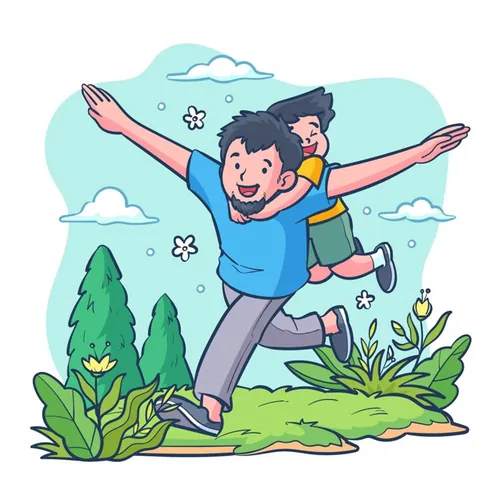 手绘父亲节爸爸背着儿子飞跑场景课本教程育儿插图EPS矢量插画