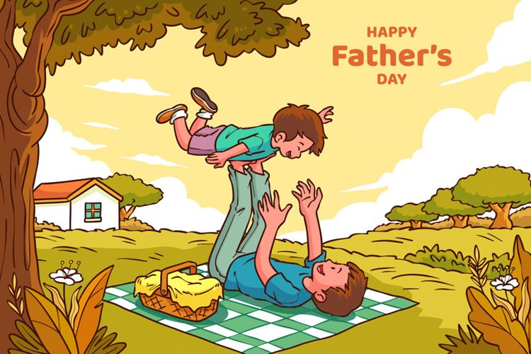 手绘父亲节爸爸陪伴儿子玩耍外出露营家庭温馨场景课本教程育儿插