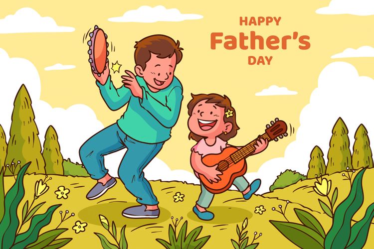 手绘父亲节爸爸陪伴女儿跳舞唱歌家庭温馨场景课本教程育儿插图E