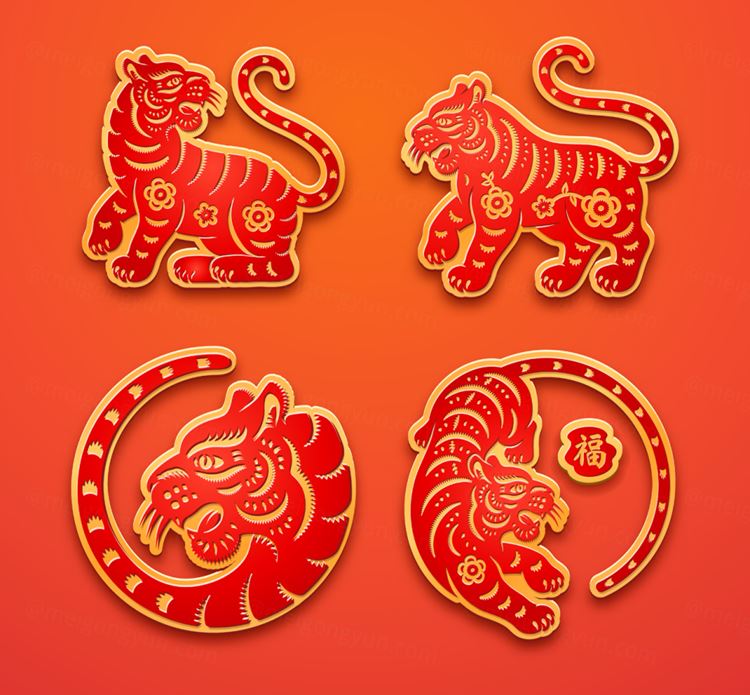 2022中国传统新年剪纸虎年花卉图案矢量素材 Tiger chinese new year