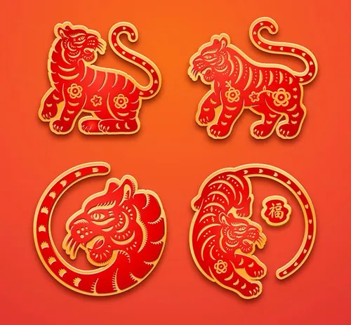 2022中国传统新年剪纸虎年花卉图案矢量素材 Tiger chinese new year