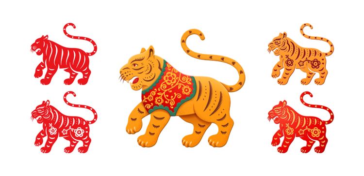 2022中国传统新年剪纸虎年花卉图案矢量素材 Tiger chinese new year