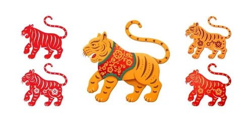 2022中国传统新年剪纸虎年花卉图案矢量素材 Tiger chinese new year
