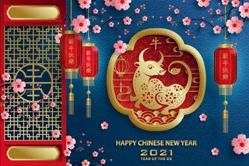 2021年中国新年牛年金色剪纸工艺风格贺卡传单海报模板素材