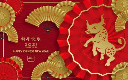 2021年中国新年牛年金色剪纸工艺风格贺卡传单海报模板素材