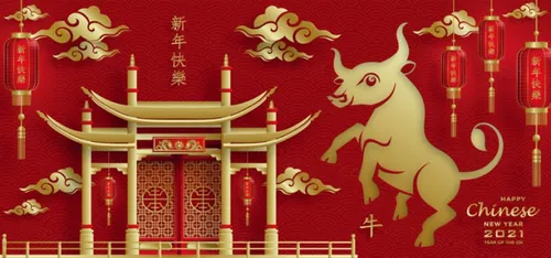 2021年中国新年牛年金色剪纸工艺风格贺卡传单海报模板素材