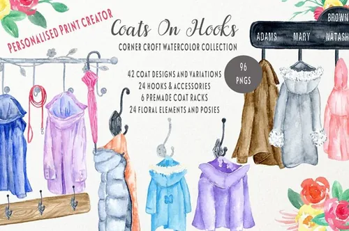 手绘水彩卫衣外套剪贴画合集 Coats and Hooks