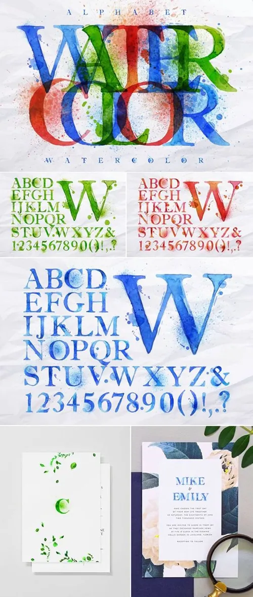 水彩字母数字符号合集 Alphabet watercolor