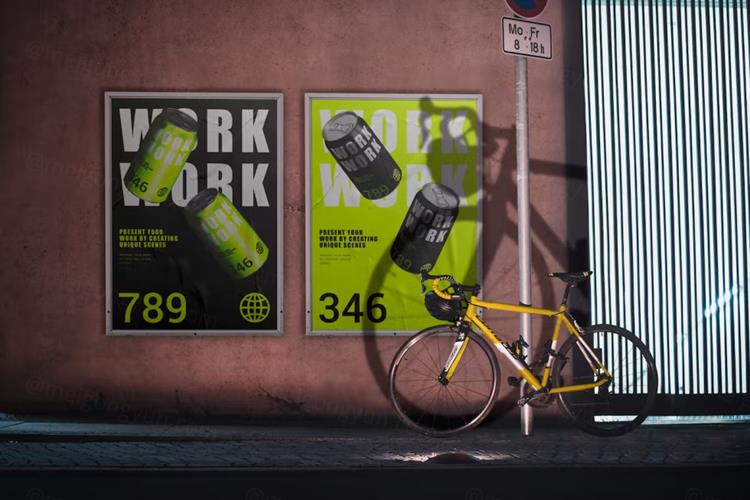 户外街头广告牌宣传海报广告设计贴图展示样机模板 Wall P