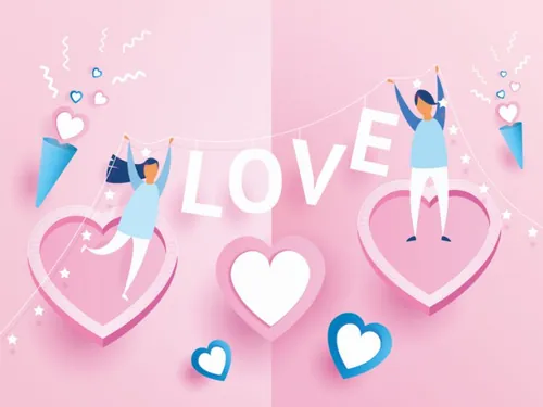 可爱粉色快乐的情侣在窗户上装饰情人节矢量海报素材 Happy Valentine\'s Day