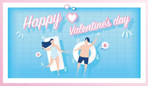 可爱粉色快乐的情侣在窗户上装饰情人节矢量海报素材 Happy Valentine\'s Day