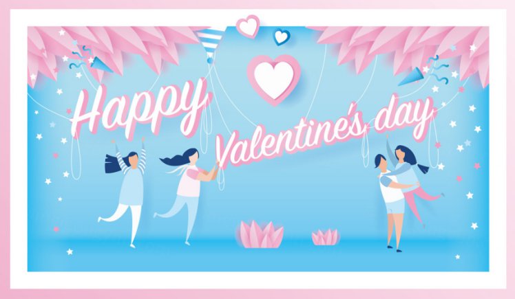 可爱粉色快乐的情侣在窗户上装饰情人节矢量海报素材 Happy Valentine\'s Day