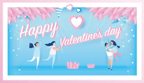 可爱粉色快乐的情侣在窗户上装饰情人节矢量海报素材 Happy Valentine\'s Day