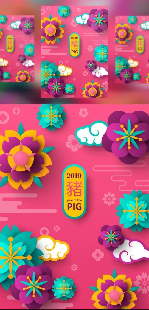 年中国新年剪纸花卉现代东方风格矢量模版素材 Banner with  Chinese New Year