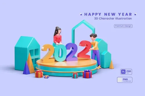 2022年新年派对人物3D插画素材 3D Character Illustration Happy New Year 2022