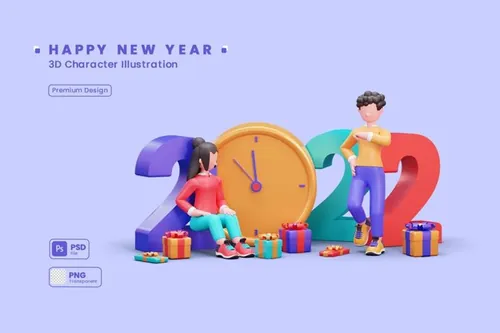 2022年新年派对人物3D插画素材 3D Character Illustration Happy New Year 2022
