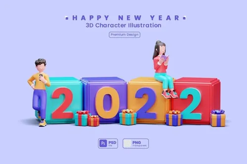 2022年新年派对人物3D插画素材 3D Character Illustration Happy New Year 2022