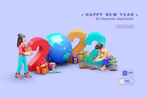 2022年新年派对人物3D插画素材 3D Character Illustration Happy New Year 2022