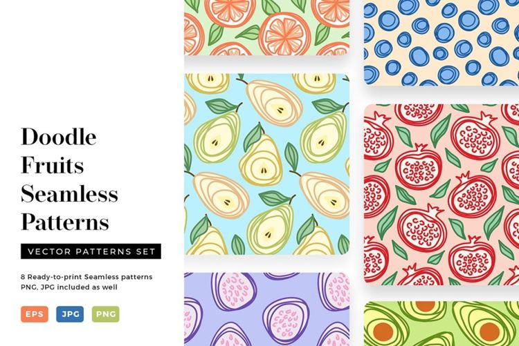 水果涂鸦无缝拼接图案矢量素材 Doodle Fruits S