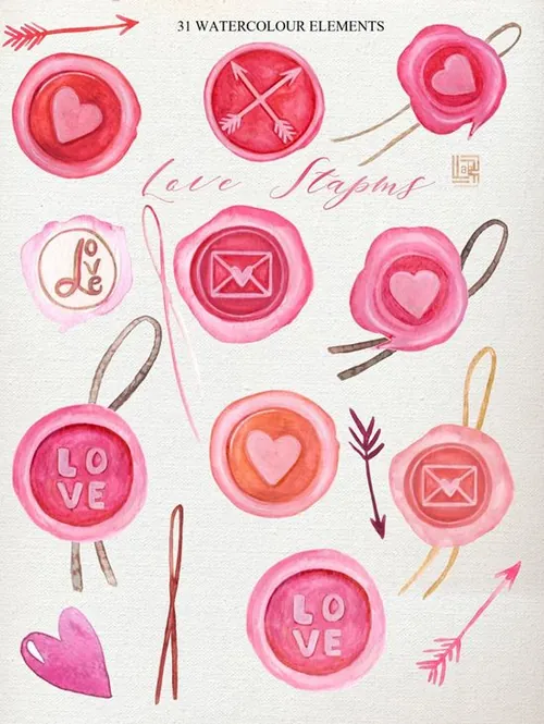 浪漫而温柔的爱情心形元素印章插画 Love stamps e