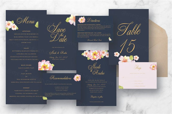 粉色花卉婚礼请柬邀请函设计PSD模板 Pink Floral Wedding Suite
