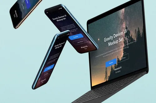 漂浮的UI psd重力模型设备样机 Gravity Psd Devices UI Mockup Set v5