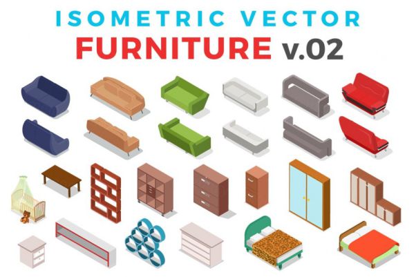 少见2.5D等轴等距矢量家具isometric-vector