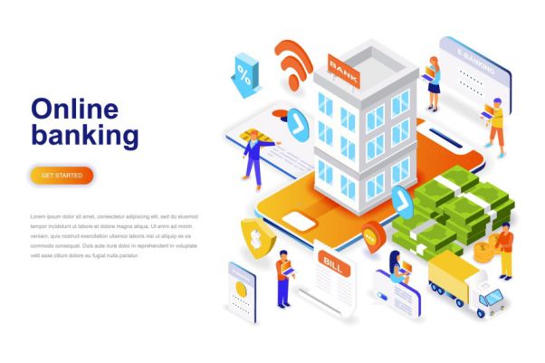 银行金融投资等距概念巨无霸网页2.5D头图online-banking