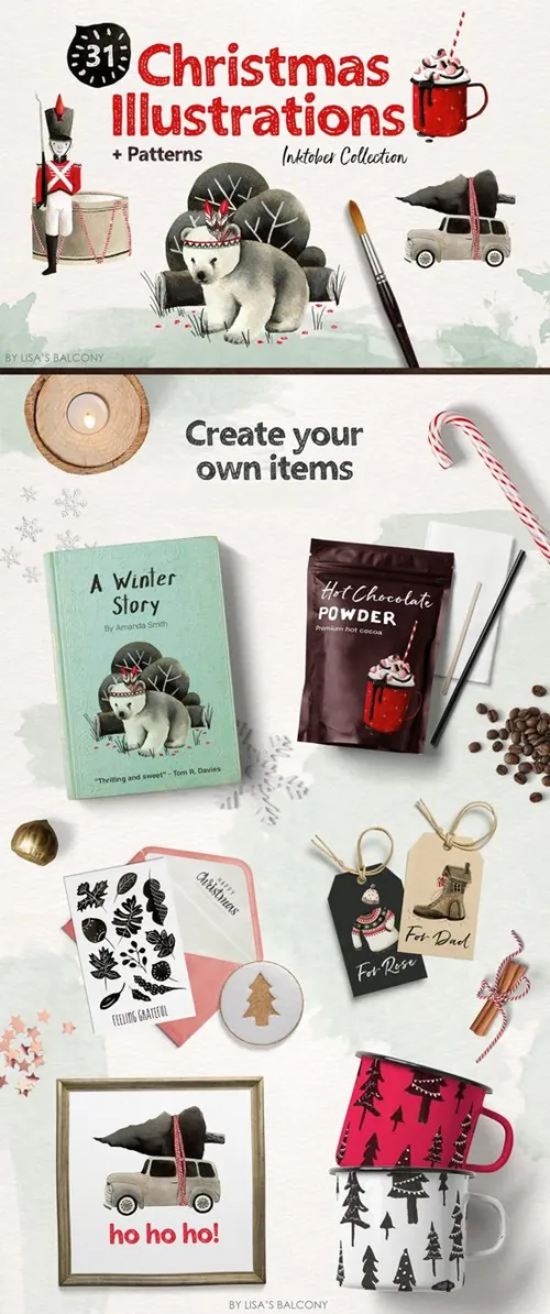 漂亮实用的圣诞节手绘插画素材合辑下载Christmas Illustration Inktober
