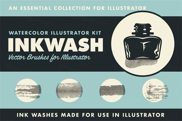 复古水彩笔墨水画笔矢量笔刷素材 InkWash | Vector In